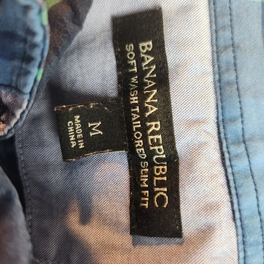 Banana Republic Shirt Mens Medium Blue Button Up Plaid Slim Fit Soft Wash Casual